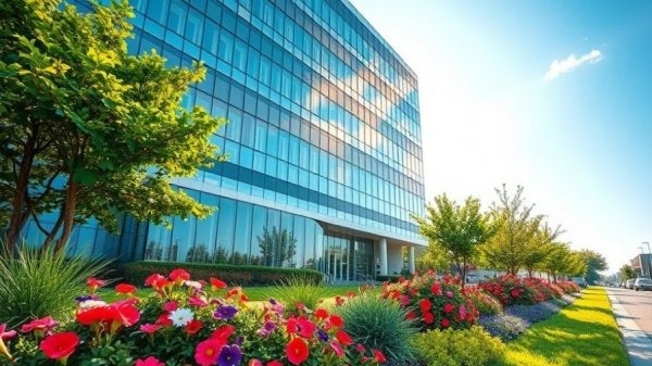 Modern commercial real estate investment building with landscaped gardens