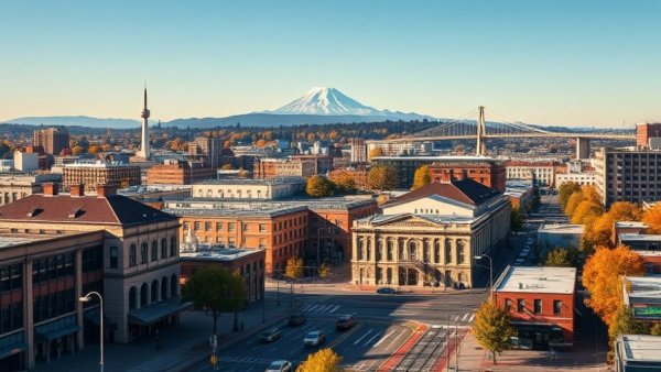 Aerial view of Tacoma cityscape with Mount Rainier in the background.