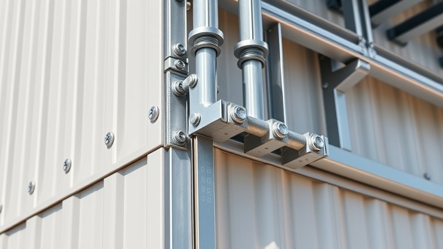 Heavy duty high alloy fasteners and structural aluminum beams securing structural insulated panels on a commercial cold storage facility.