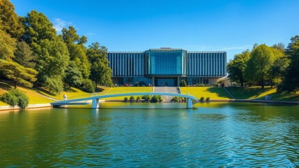 Building near lake with trees and bridge, $23 million awarded clean energy projects Massachusetts.