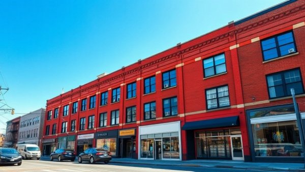 Commercial real estate in urban setting with red brick buildings.