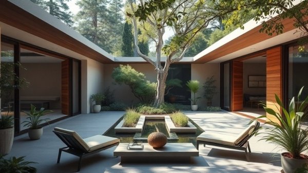 Mid-century modern patio showcasing space optimization architecture.