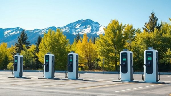 Sleek EV charging stations with cars near mountains, vibrant nature scene, commercial EV charging infrastructure.
