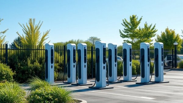Modern EV charging stations in commercial infrastructure setting