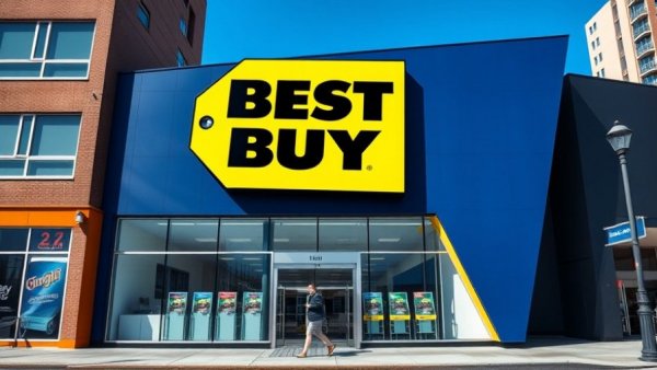 Best Buy store exterior with iconic blue and yellow logo, clear sky.