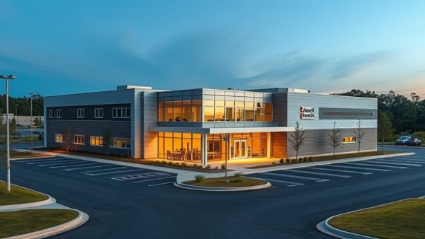 Modern medical outpatient building sales view with parking lot.