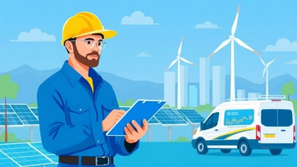 Illustration of solar project management with technician and digital tools.