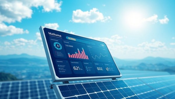 Illustration of solar panel with project management symbols, vibrant blue concept.