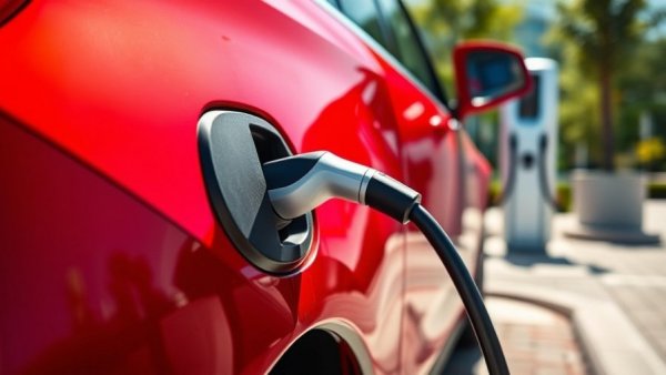 Close-up of an EV plug in a red car showing types of EV charging plugs in North America.