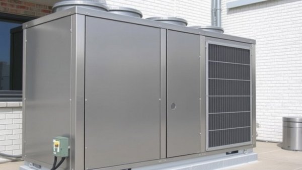 Stainless steel industrial HVAC unit in urban setting for commercial HVAC maintenance.