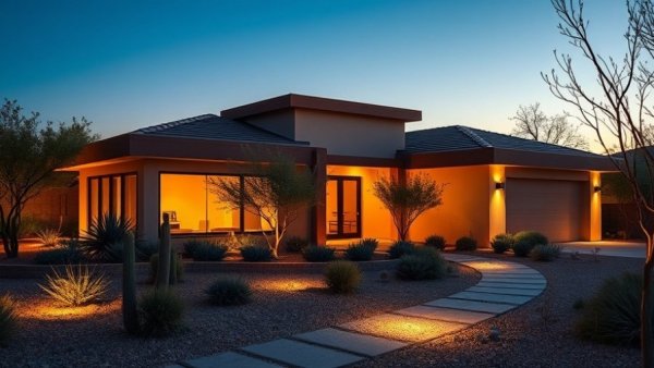 Evening-lit modern house showcasing premium property optimization