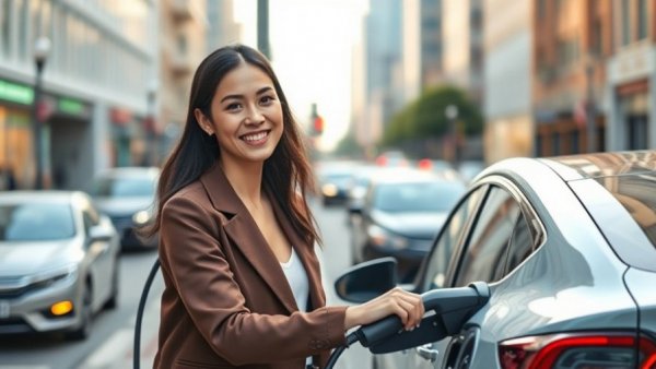 Woman using street charger for electric vehicle in busy urban area