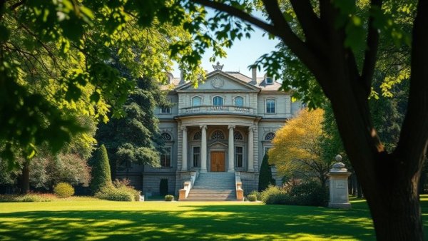 Historic building in lush park with geothermal system benefits.