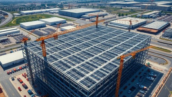 Aerial view of large data center construction site with steel framework.