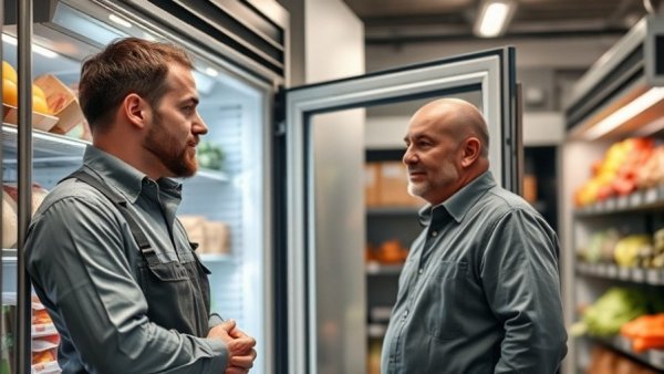 Technician and client reviewing cold storage solutions in a kitchen.