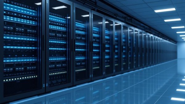 Server racks in a data center hinting at AI-driven e-waste generation.