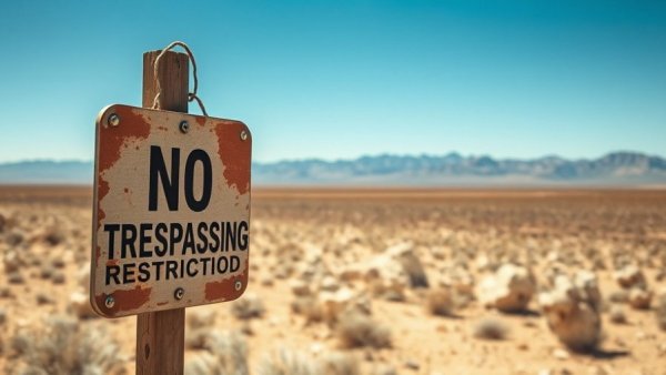 Desert nuclear waste site with warning sign, clear skies.
