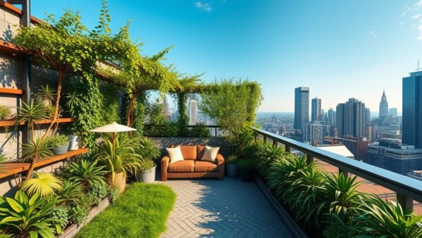 Rooftop garden with space optimization architecture and city skyline.