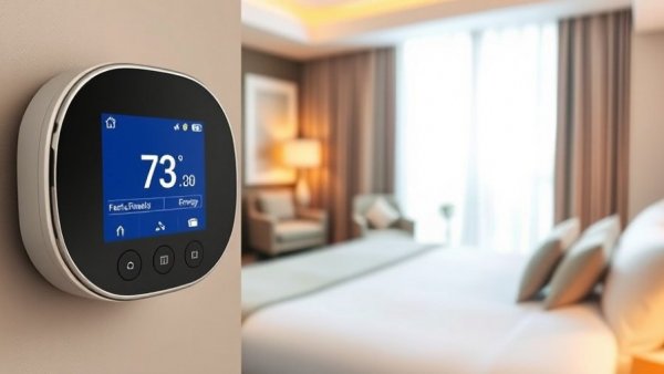 Digital thermostat and luxury hotel room illustrating energy retrofit.