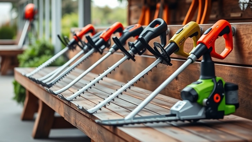 Assorted hedge trimmers on a wooden bench, showcasing modern design for sustainable home design.