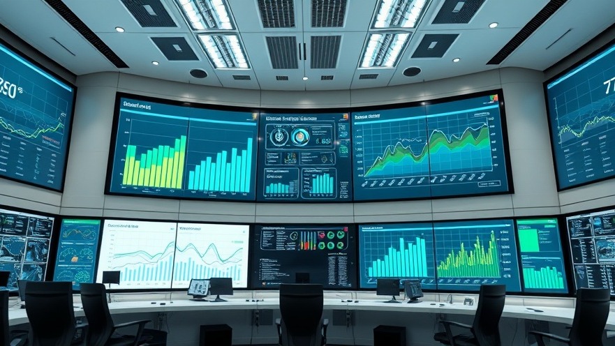A photorealistic view of a modern commercial building energy monitoring center displaying real-time smart grid analytics.