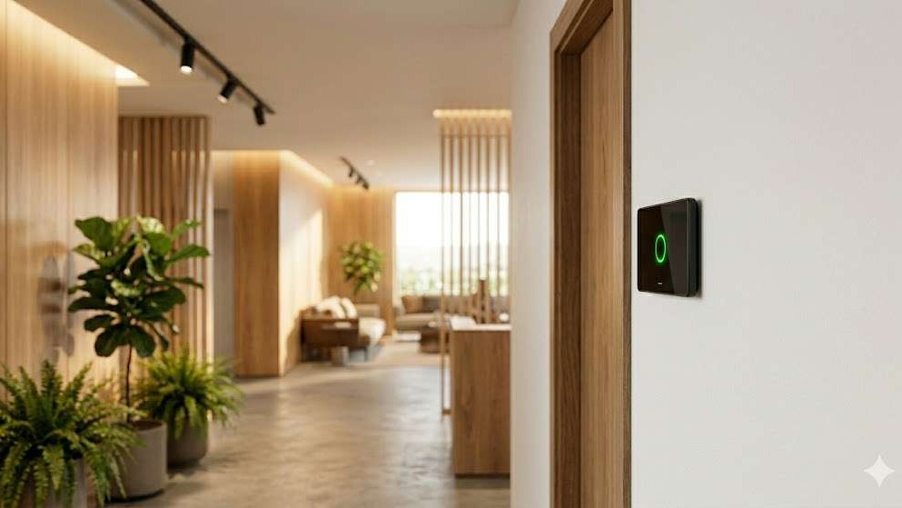 Smart home security systems device mounted on an office wall.