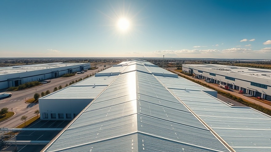 High performance sustainable commercial logistics facility building envelope showing energy efficient cool roofing architectural design.