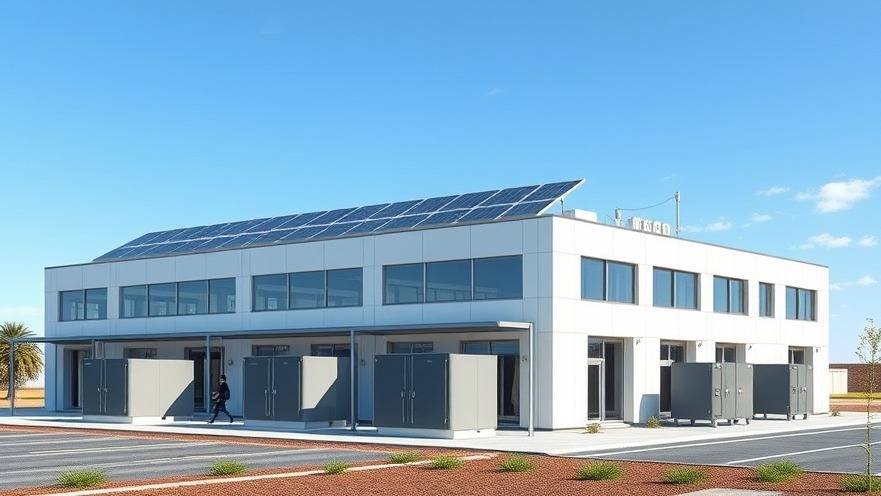High-tech commercial industrial facility featuring an integrated rooftop solar array and modular battery energy storage microgrid system.