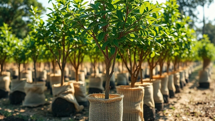 Eco-friendly gardening with burlap-wrapped saplings in a sunlit nursery.