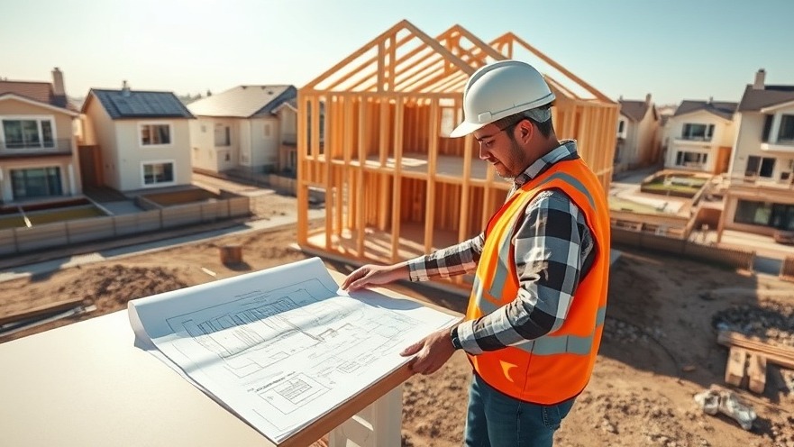 A professional construction site featuring builders reviewing pre-approved architectural blueprints for a modern, energy-efficient home.