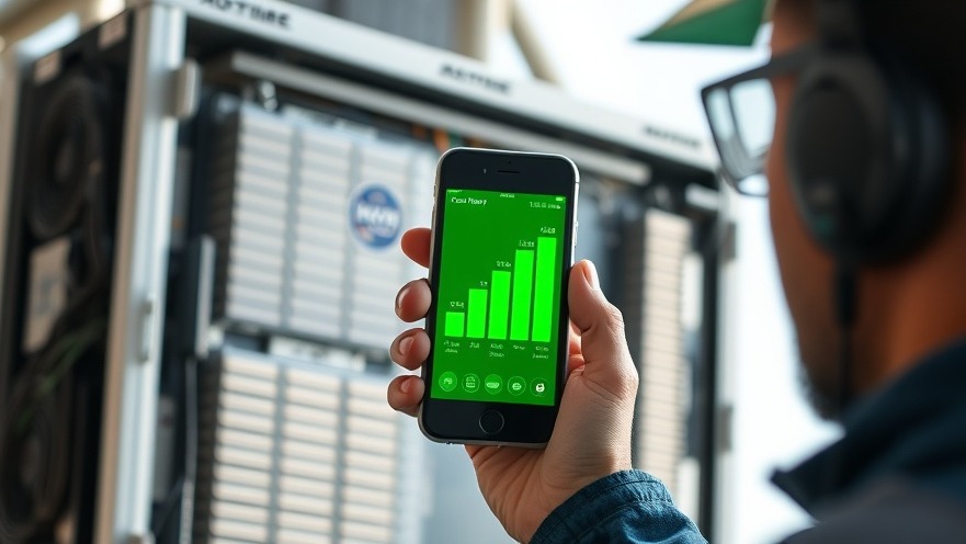 An electronics technician using a mobile app to monitor the real-time energy efficiency of an outdoor digital video wall.