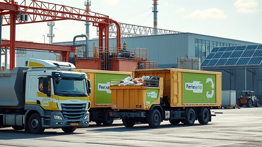 Automated recycling material recovery facility featuring electric waste collection trucks and solar power infrastructure.