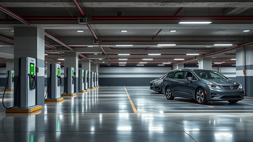 Corporate facility parking garage equipped with commercial alternating current and direct current fast charging infrastructure.