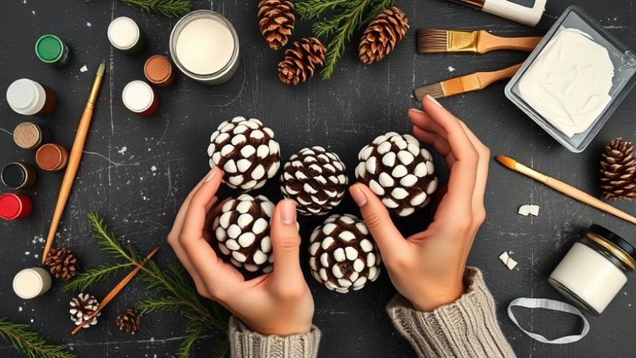 Hands creating eco-friendly crafts by decorating pine cones for sustainable Christmas decor.