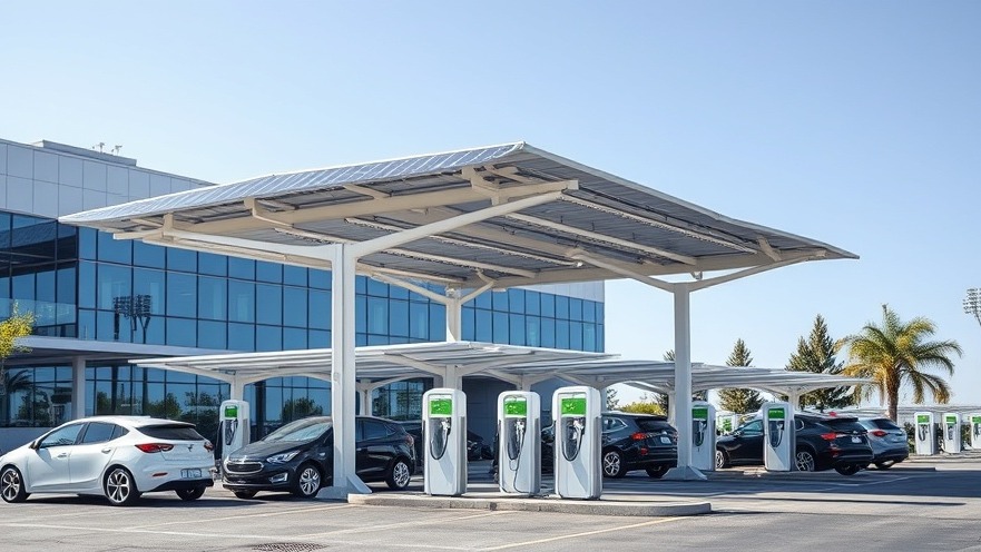 Modern office building with solar canopy and bidirectional EV charging, showcasing smart power management.