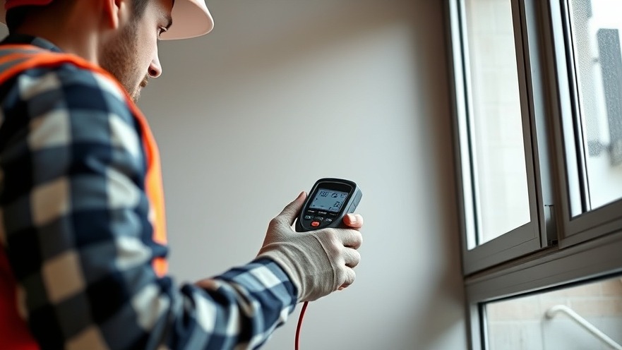 A close-up view of a building inspection tool checking an interior wall for hidden moisture content.