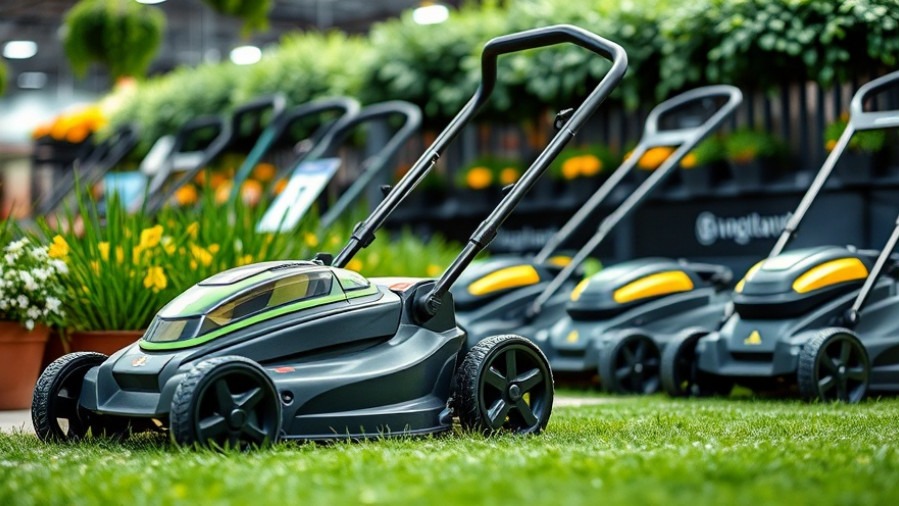 Eco-friendly gardening tools: modern manual lawn mowers with ergonomic design in a garden center.
