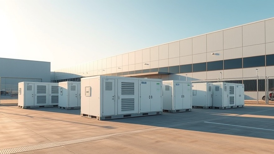 A pristine commercial installation of advanced battery energy storage systems and smart utility infrastructure under a bright sky.