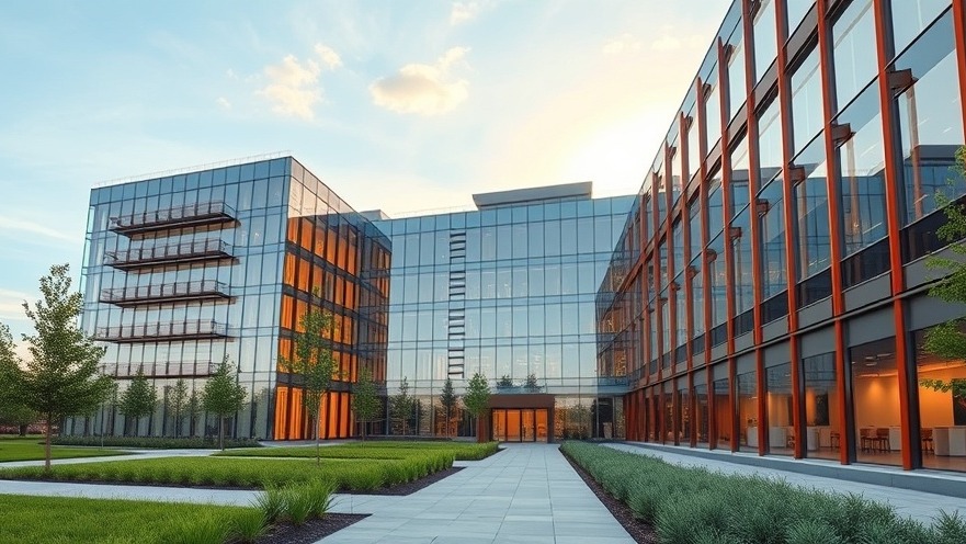 Modern eco-friendly commercial office building featuring a sustainable breathable facade and integrated solar energy infrastructure.