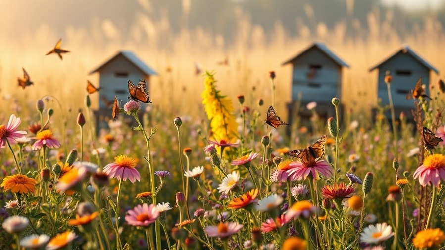 Vibrant wildflowers, birds, and bees in a serene field highlighting sustainable energy.
