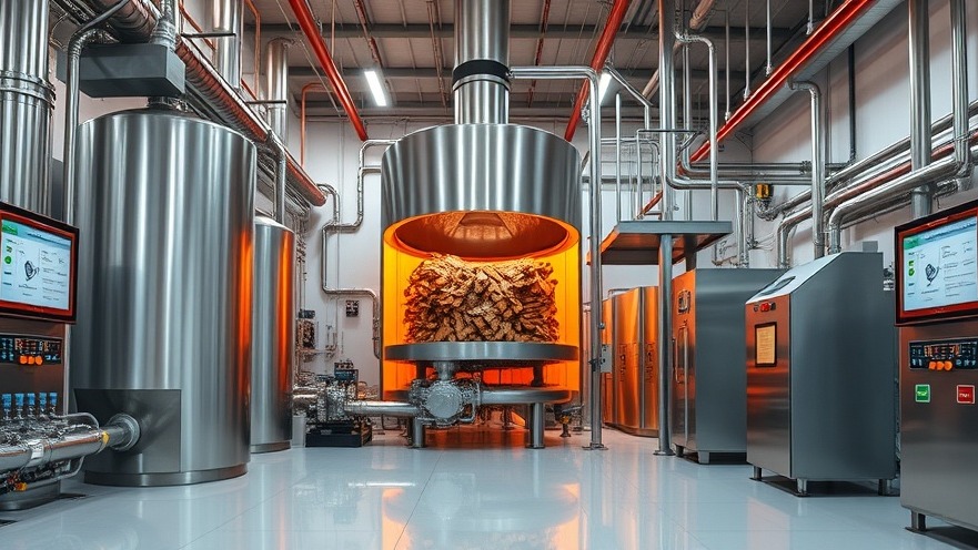 Automated commercial biochar pyrolysis processing unit operating inside a modern waste management facility.