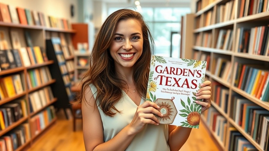 Cheerful woman with 'Gardens of Texas' book promoting eco-friendly gardening.