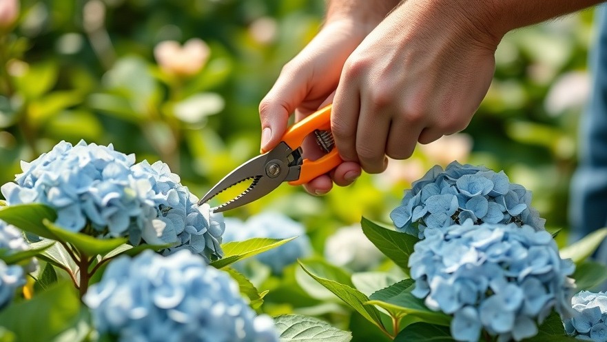 Close-up of a person pruning hydrangeas in a sustainable home design garden.