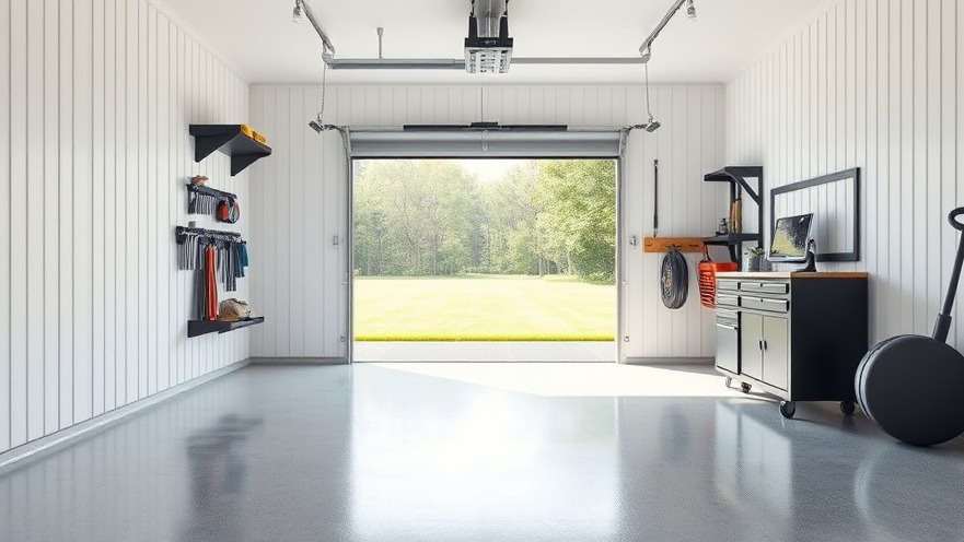 Modern organized garage interior featuring clean white waterproof wall panels and a polished epoxy floor.