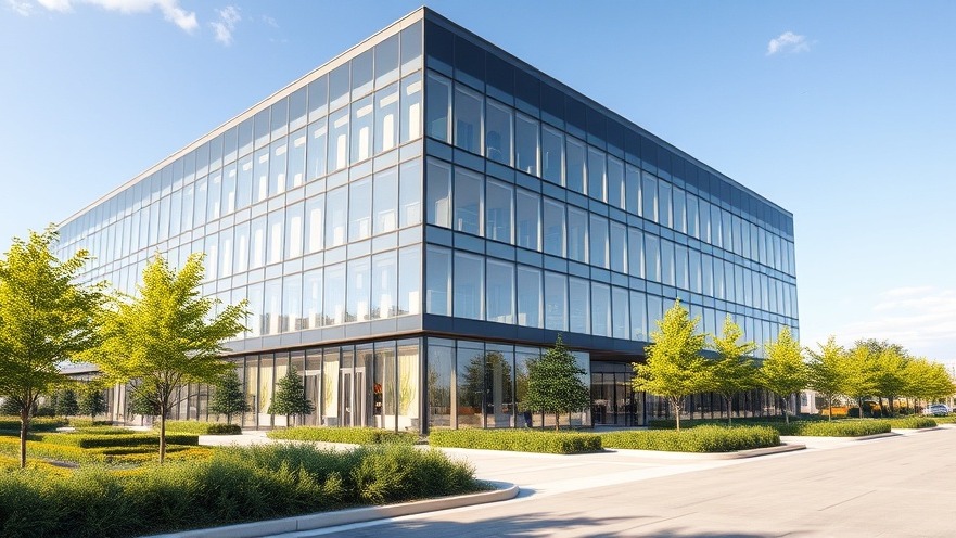 Photorealistic wide shot of a modern sustainable commercial building with an energy-efficient envelope facade and eco-friendly landscaping.