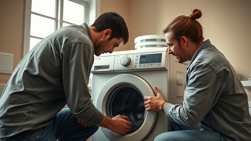 Individuals repairing a washing machine, promoting energy efficiency in eco-friendly gardening.
