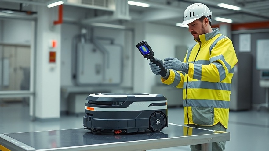 Facilities technician conducting a thermal imaging safety inspection on an autonomous commercial cleaning robot lithium battery pack.