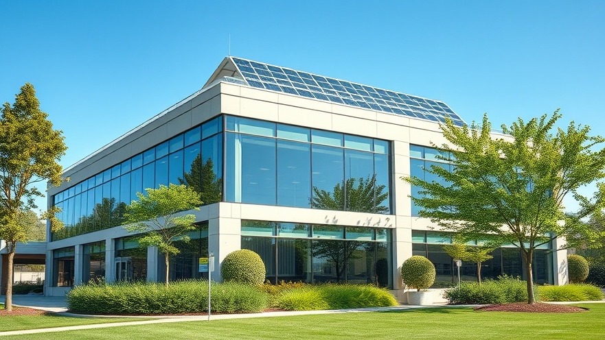 High end sustainable commercial office building with eco friendly architecture and solar panels under a clear sky.