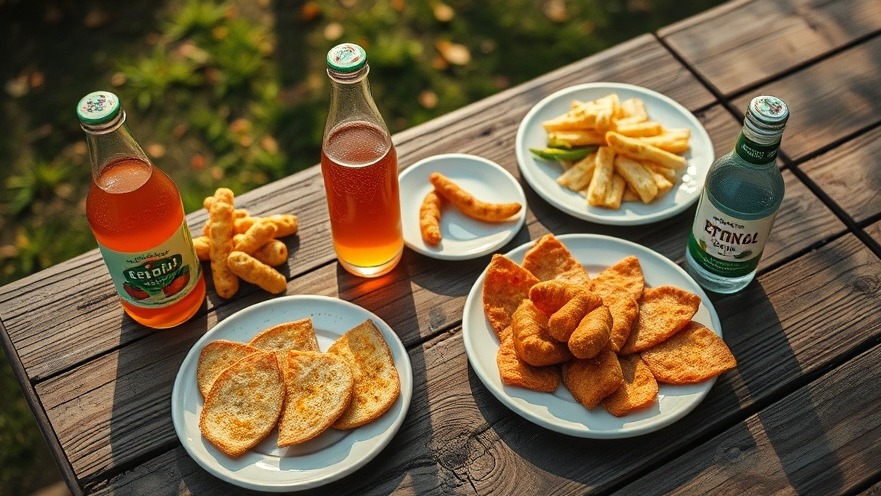 Artistic view of sustainable beverages and ethical soft drinks on a rustic picnic table.