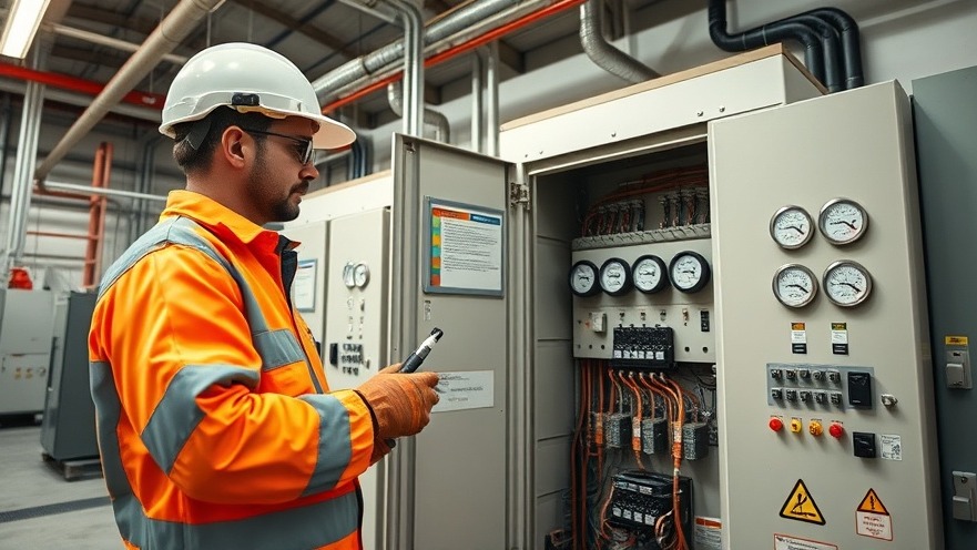 Commercial facility electrician inspecting high-voltage direct current power cabinet and industrial switchgear in an electrical room.